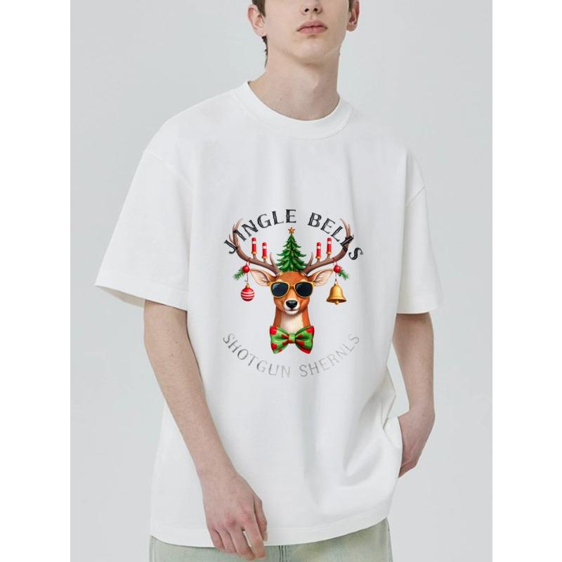 Black T Shirt with Deer Christmas Tree and Sunglasses Print Jingle Bells Shotgun Shernls Text Holiday Party Wear