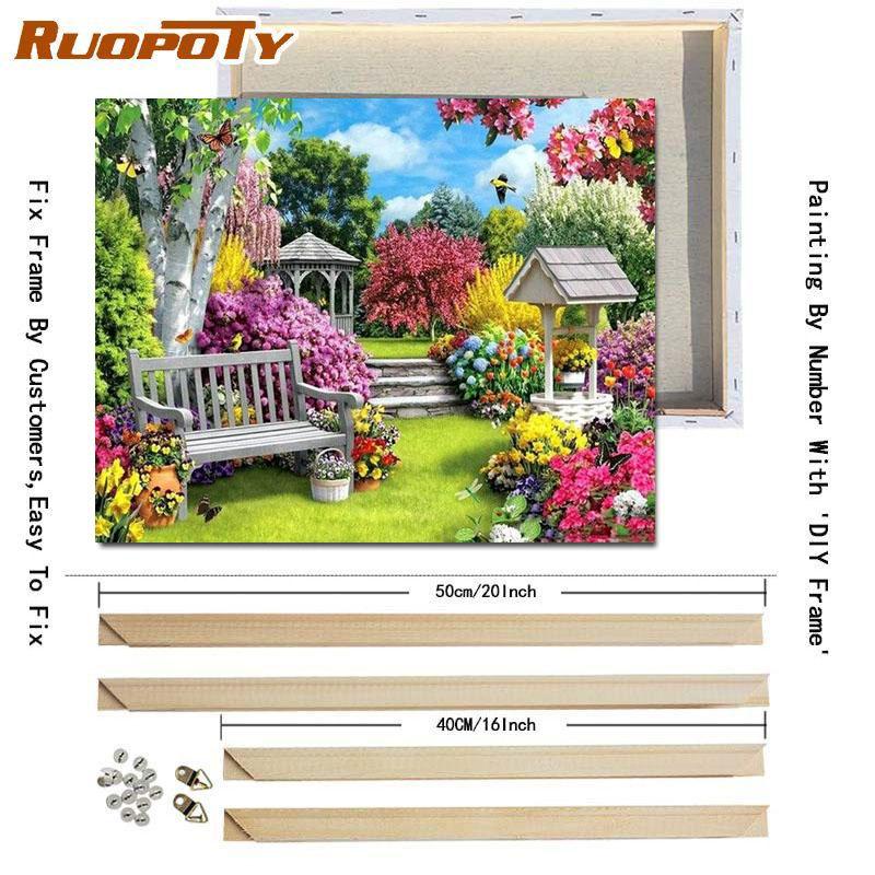 RUOPOTY Olejomalba podle čísel Zahrada Ručně malovaná olejomalba Jedinečný dárek Malování podle čísel Dům pro dospělé Domácí dekorace