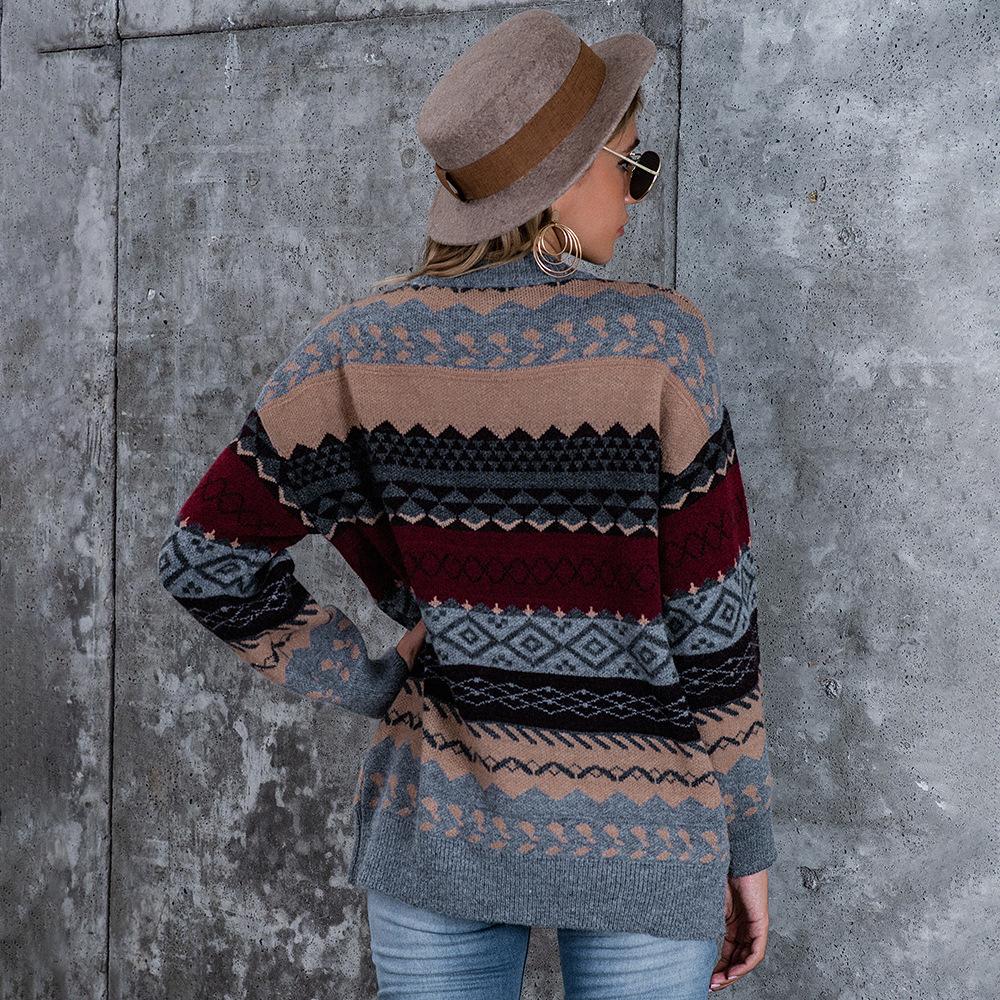 Damen Herbst und Winter Strickpullover mit Rautenmuster Lässiger, lockerer Pullover