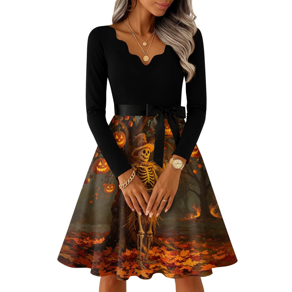 Women's Vintage V-Neck Long Sleeve Casual Halloween Print Dress