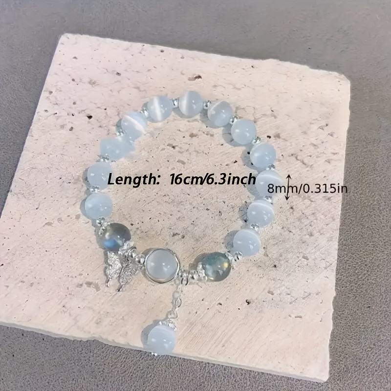 Dainty Blue Cats Eye Beaded Bracelet, Cute Butterfly Charm Elastic Hand Chain, Moonlight Opalite Stone Jewelry
