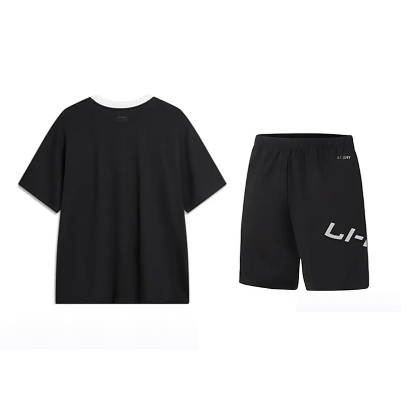 Li-Ning Retro Loose Short Sleeve T-Shirt Trendy Quick-Dry Comfortable Shorts Casual Sports Suit Unisex Sports Suit Black YHSV367-2+YKSV113-1