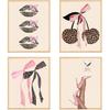 BRRNYOI Coquette Pink Bow Leopard Wall Art Posters Set of 4, Cheetah Print Room Decor, Preppy Leopard Cherry Lips Martini Canvas Prints Wall Decor
