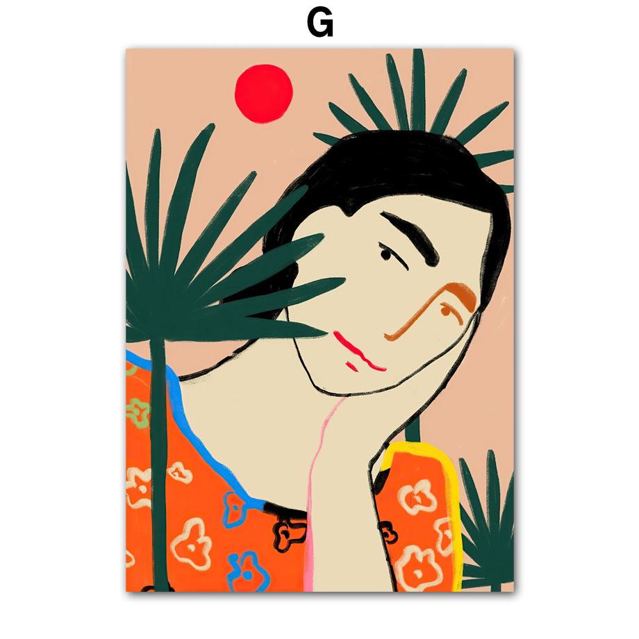 Kolorowa Dziewczyna Kwiat Tygrysi Liść Ilustracja Sztuka Ścienna Obraz na Płótnie Abstrakcyjne Plakaty i Druki Obrazy Dekoracja Pokoju Hotelowego Baru