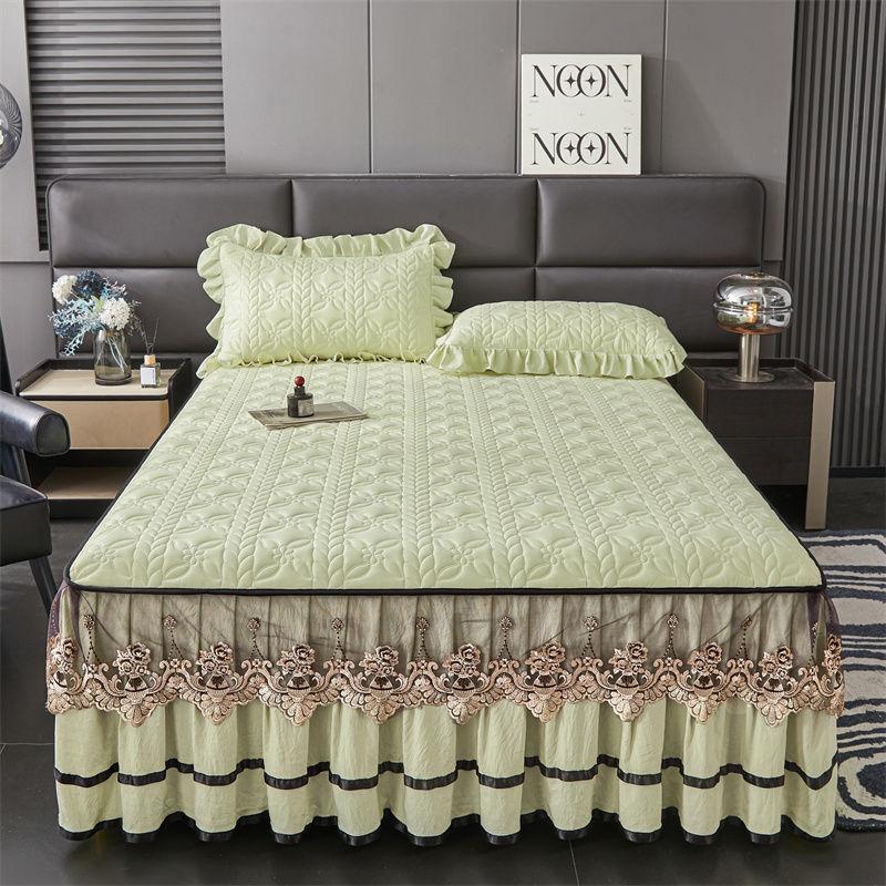 3PCS Padded Quilted Bed Skirt Set with Lace Embellishment, Includes 1 Bed Skirt and 2 Pillowcases, Easy Installation, Breathable , Ideal for Bedroom