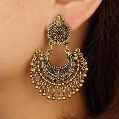 European and American Bohemian Folk Style Earrings Retro Alloy Fan-shaped Carved Flowers Bell Tassel Earrings Earrings Female