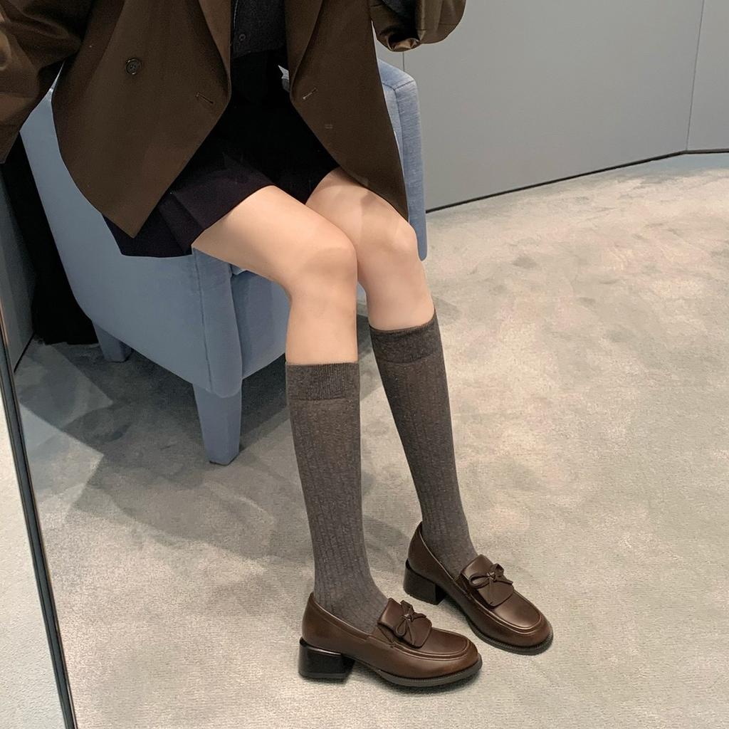 Cowhide Version~ Grape Ma Same Height Increase 5cm Flip Bow Lazy Thick Heel Thick Sole Loafers Women's Small Leather Shoes