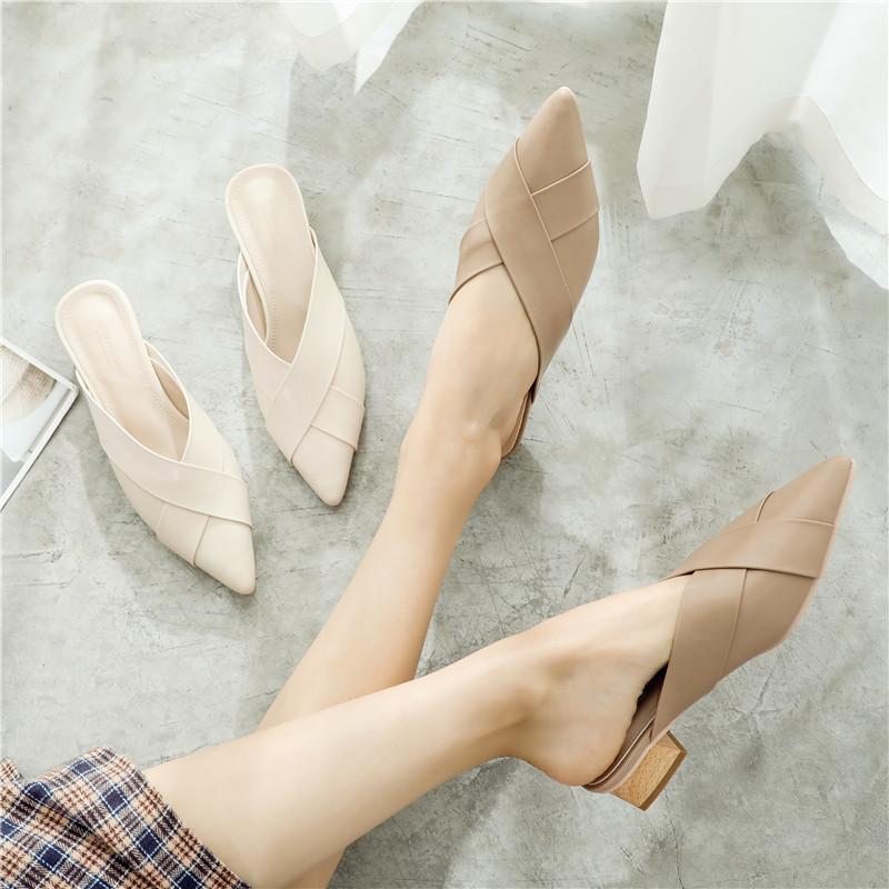 Women Female Fashion Casual Crossed Knit Pointed Toe Half Slides Med Chunky Heels Woman Slippers Scuff Mules Shoes 869