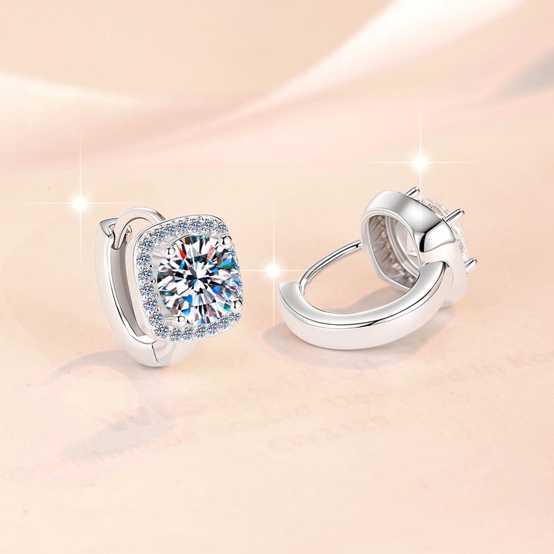Square Shape S925 Sterling Silver Round Cut 0.5&1ct*2 VVs1 Moissanite Hoop Earring Certificate Engagement for Women