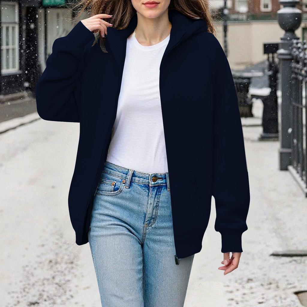 Women's Fashion Solid-Colour Thickened Hooded Sweatshirt With Zip-Up Fleece-Lined Sports Jacket