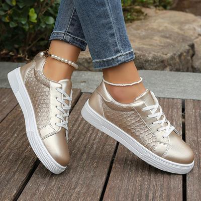 Kobiety Złote Srebrne Sneakersy Wiosna Jesień Nowe Kobiety Moda Sznurowane Miękka Skóra PU Buty na Deskę Panie Buty Codzienne