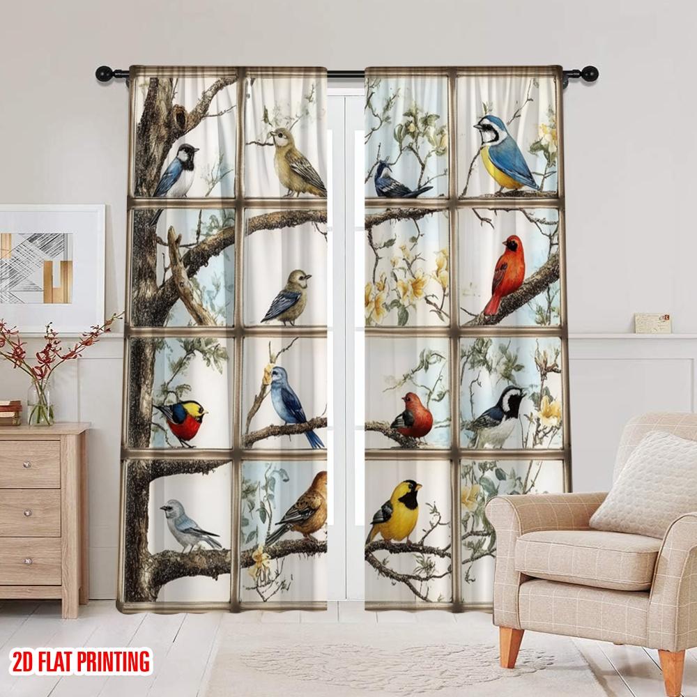 2pcs,2D plane printing Curtains Digital Printed Birds of Harmony Polyester (without rod) Room Decor for Living Room and Bedroom,