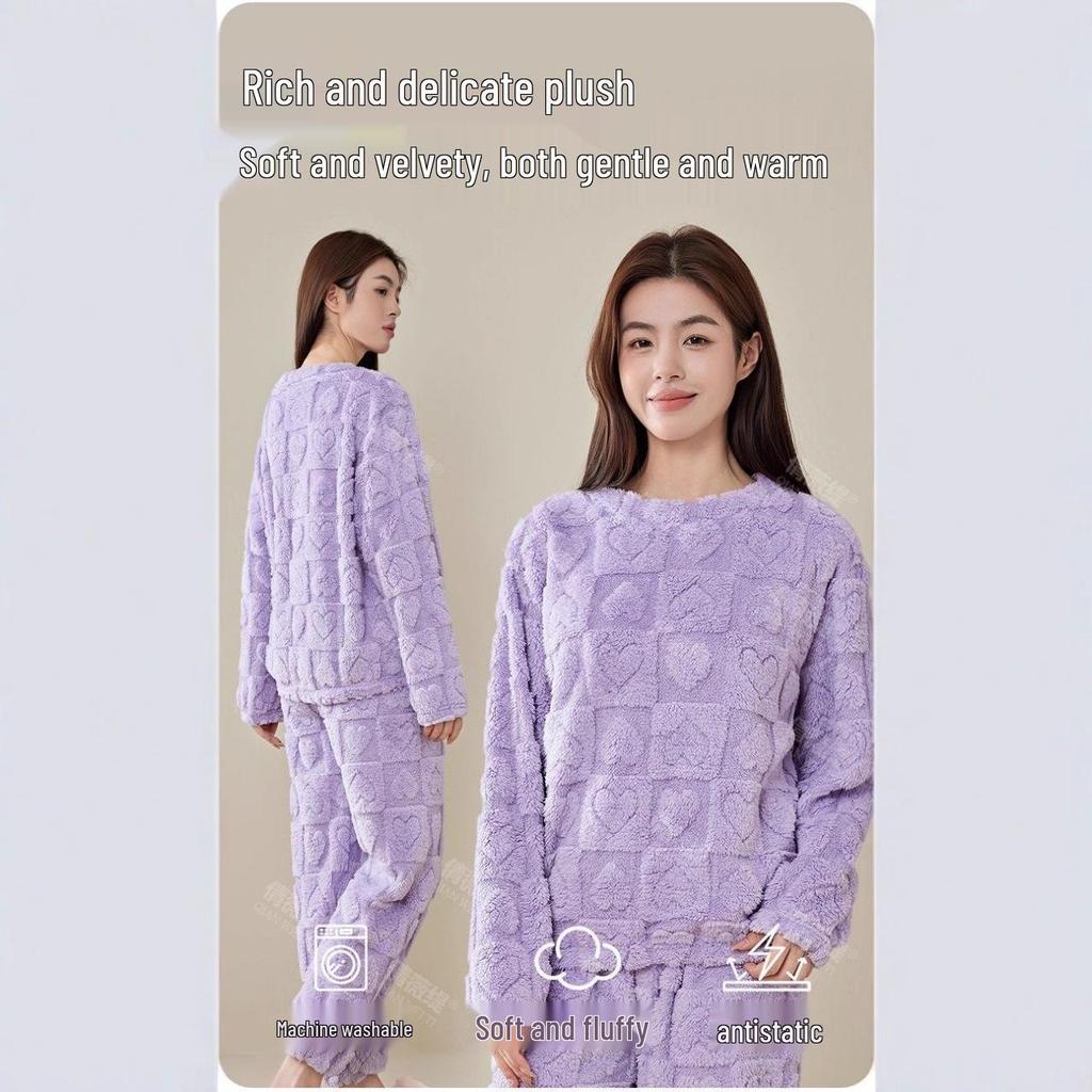 Women's Heart Print Flannel Pajama Set - Warm Winter Coral Fleece Homewear