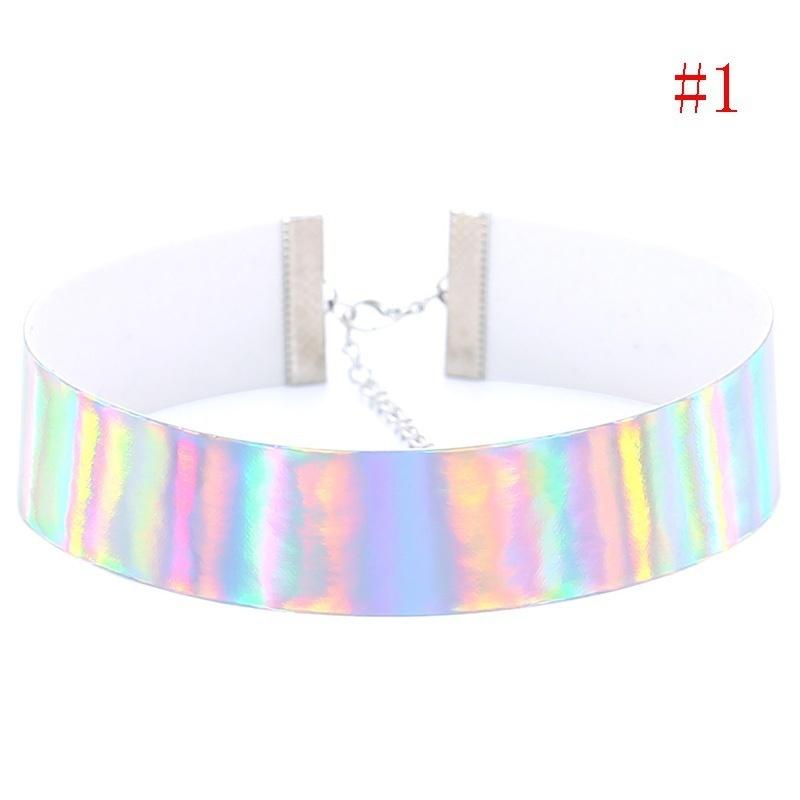 Holographic Choker Necklace Women PU Leather Chocker Handmade Laser Chocker Rainbow Punk Gothic Neck