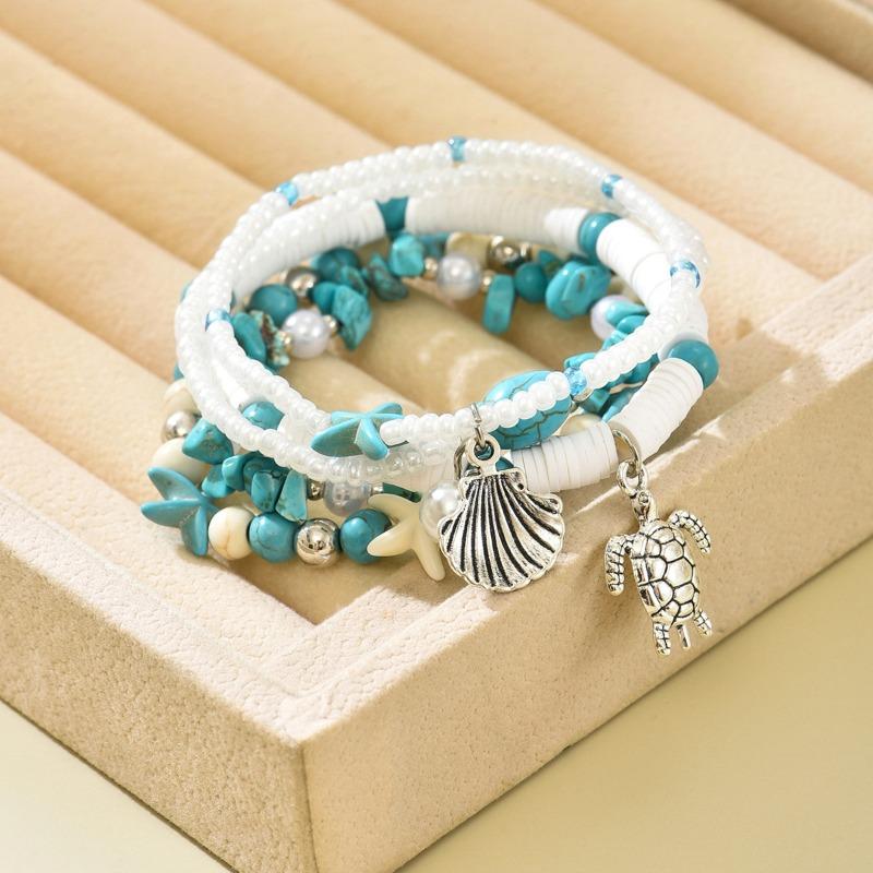 Handgewebtes Türkis Perlenarmband Damen Sommer Strandurlaub Wind Meeresschildkröte Schale Anhänger Armband
