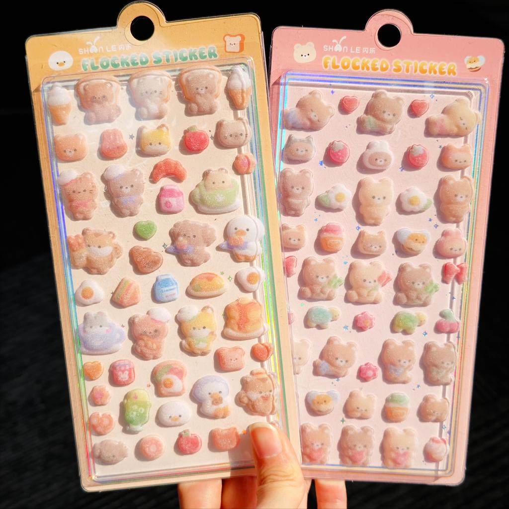 Kawaii 3D Relief Fluffy Animal Flocked Stickers For Scrapbooking Cute Phone Case Decoration Sticker School Stationery Supplies