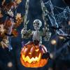 Halloween Skeleton Ornament Swing with Lighted Pumpkin, Light-up Ornament, Figurine Hanging Statue for Indoor Front Porch Decor Resin Bone