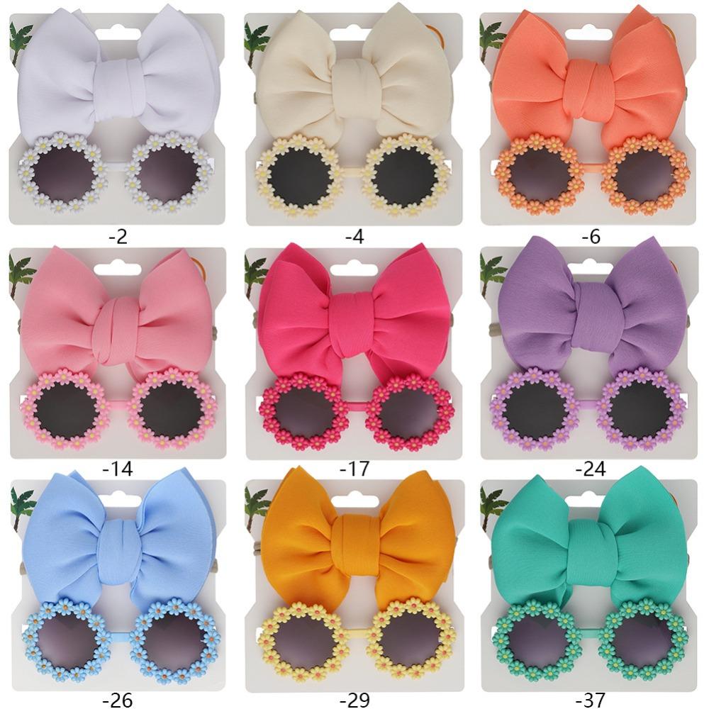 2Pcs Kids Sunglasses Headband Set Baby Unglasses Elastic Nylon Headband Bohemia Beach Seaside Sun Glasses Kids Bow Headwear