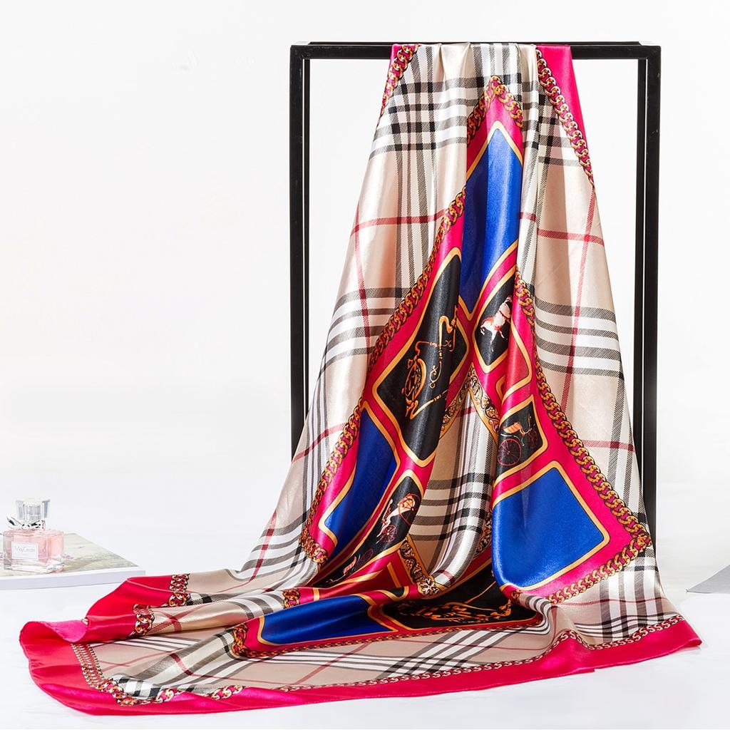 Europe and The United States Ladies Silk Scarf Fashion Creative Square Scarf Plaid 90cm Satin Satin Neck Scarf
