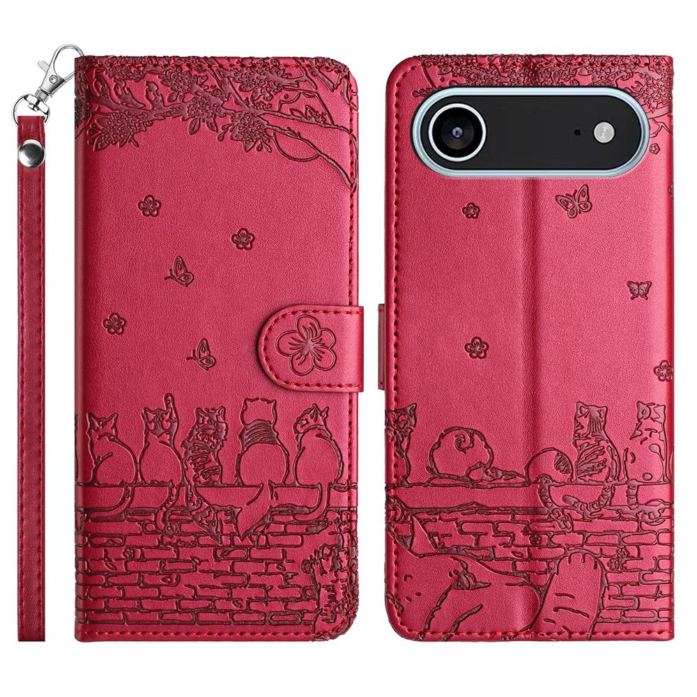 For iPhone 17 Air Case with Wrist Strap Leather Phone Cover Wall Cats Pattern