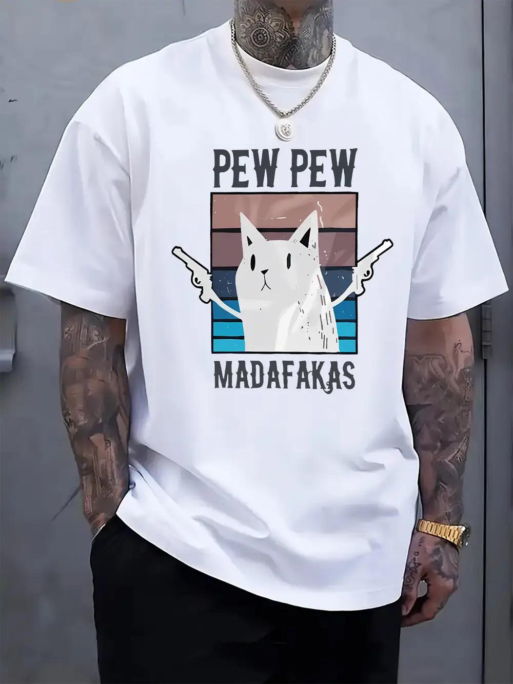 Casual Crew Neck T-shirt with Humorous Gun-Wielding Cat Print M