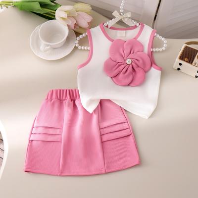 4-7Y Children's Clothing Cute Girls Skirt Round Neck Three-dimensional Flower Vest Top + A-line Skirt Set
