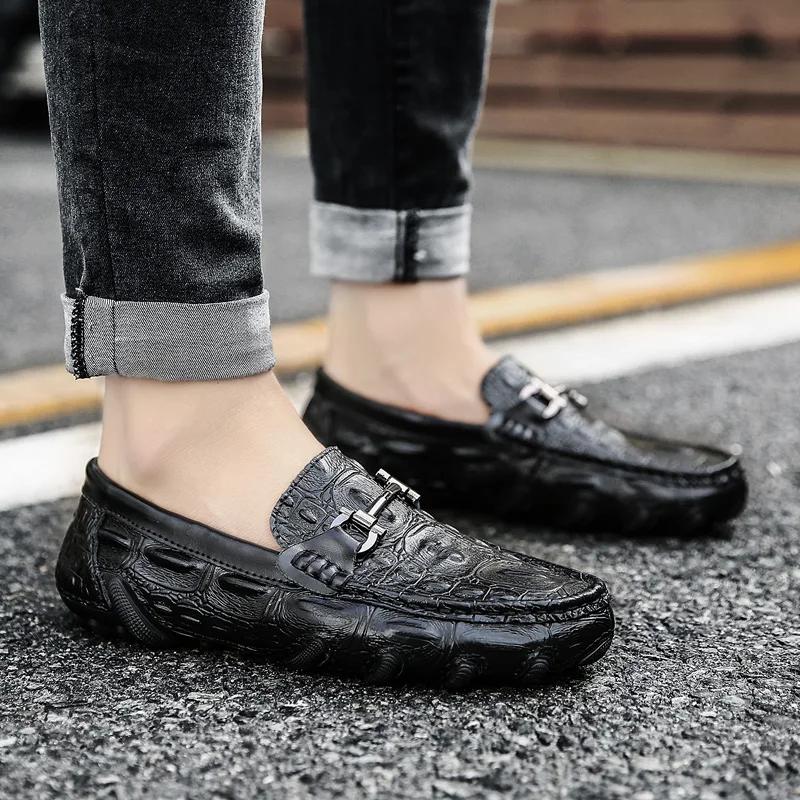 Fashion Men Casual Shoes Genuine Leather Crocodile Style Luxury Brand Mens Loafers Moccasins Slip On Black Driving Shoes Plus Size 38-47