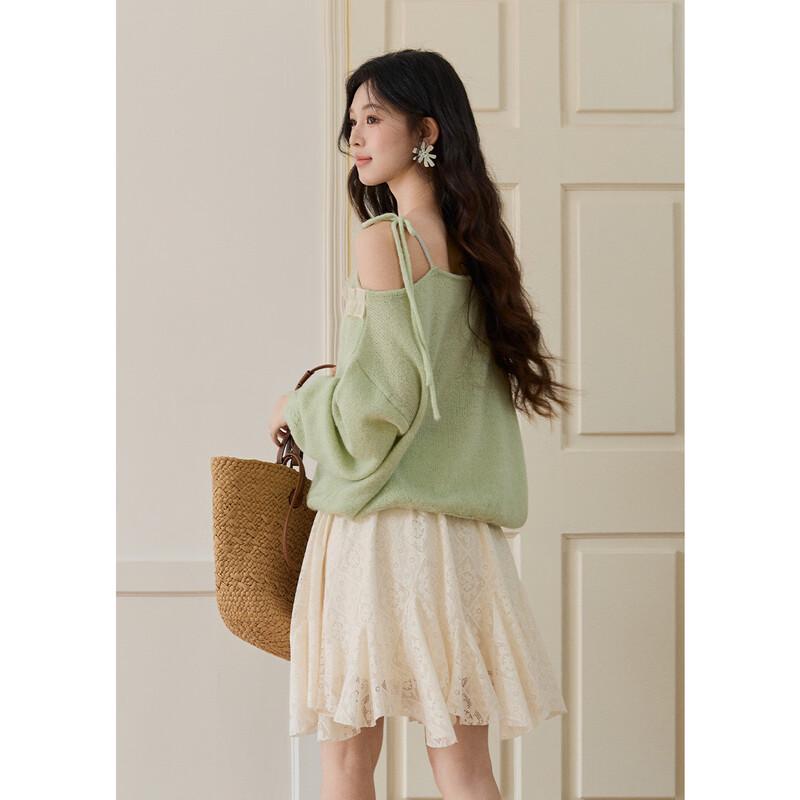 Women's Loose Off-Shoulder Knit Top with Contrast Lace Trim