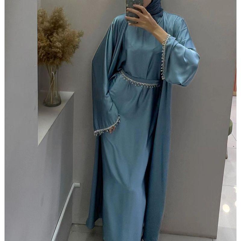 New Arrival Middle East Dubai Pure Color Fashion Bead Crystal Chain Dress Ethnic Style Dress Set