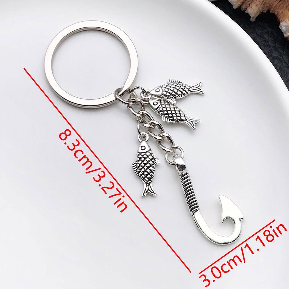 Antique Silver Angler Fish Hook Keychain with Three Fish Ornaments - DIY Personalized Pendant