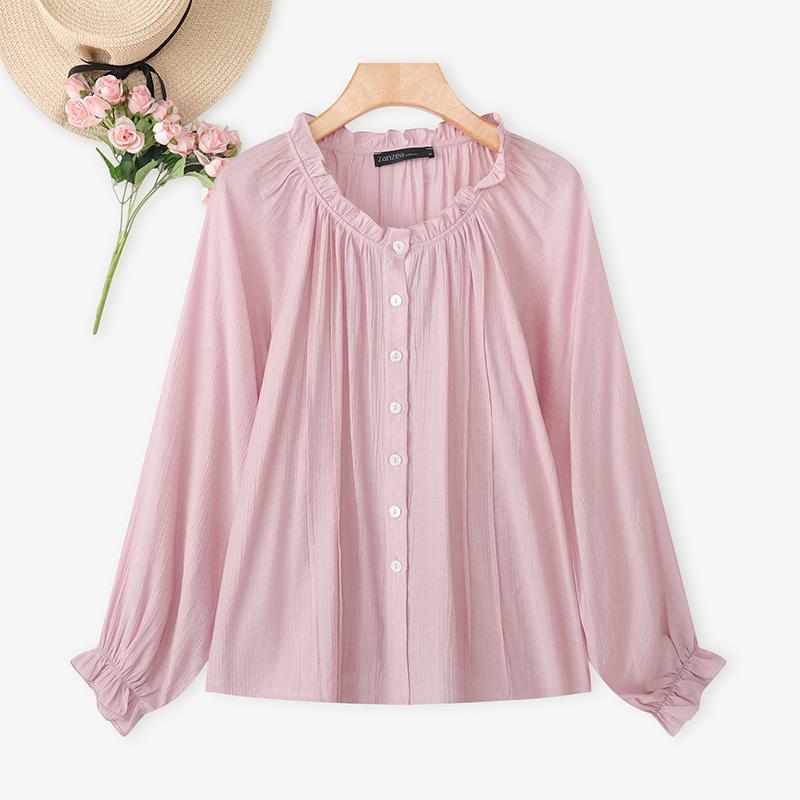ZANZEA Women Casual Round Neck Loose Long Sleeve Blouse