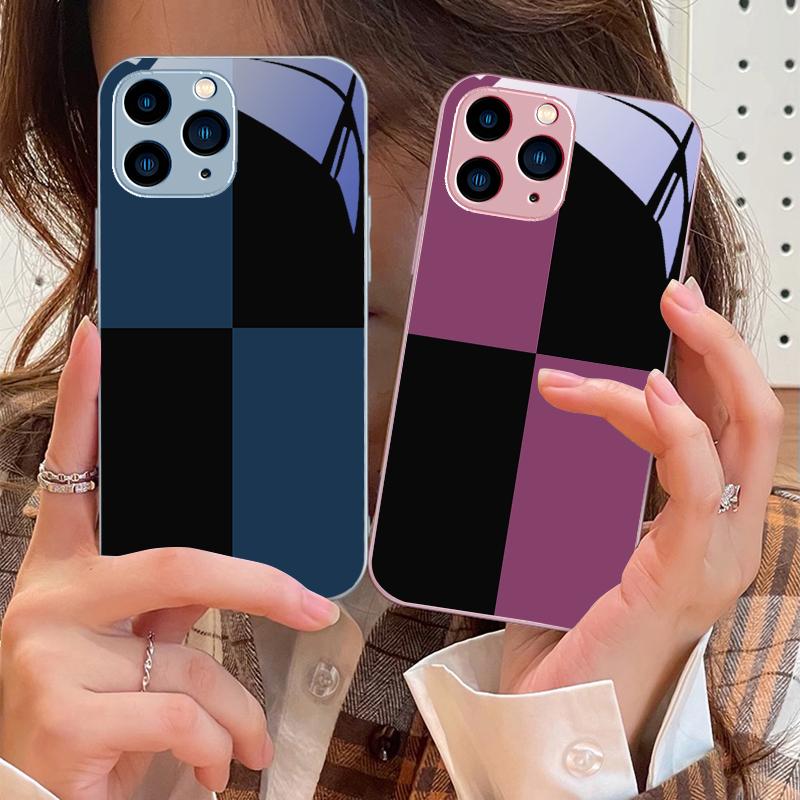 Schwarz-Weiß-Gitter Lila Für IPhone 16 Pro Max 15 Pro 14 13 12 Mini 11 XS Max XR 7 8 Plus SE 2022 Gehärtetes Glas Handyhülle