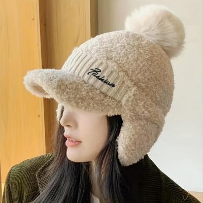 Winter Plush Pilot Cap with Ear Flaps Women's Elastic Polyester Knit Beanie,Warm Fleece Aviator Hat with Pom-Pom, Windproof Outdoor Headwear