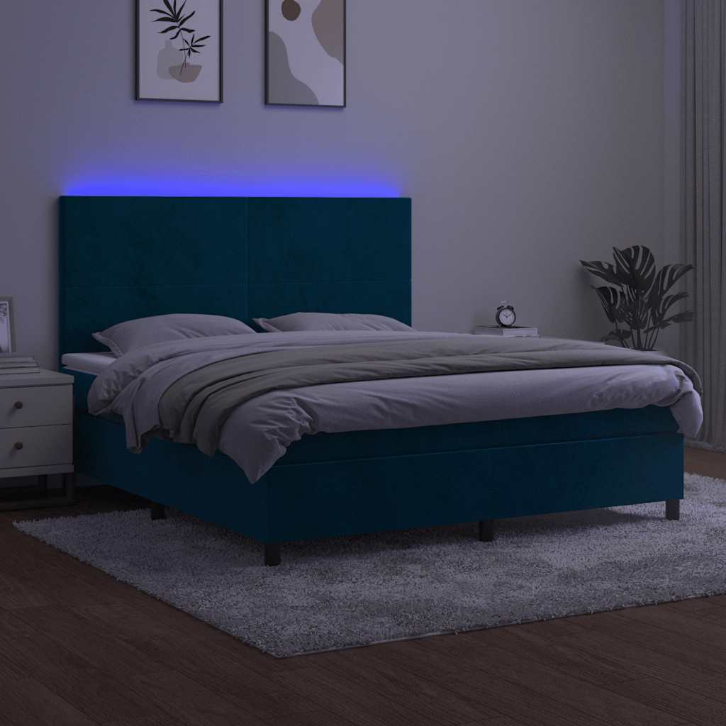 Box Spring Bed with Mattress & LED Dark Blue 160x200 cm Velvet