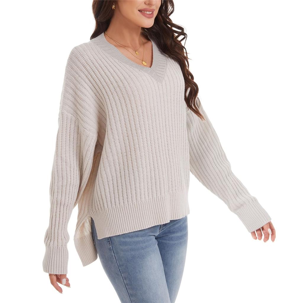 Women's Long-sleeved V-neck Loose Casual Sweater Clothes Sale