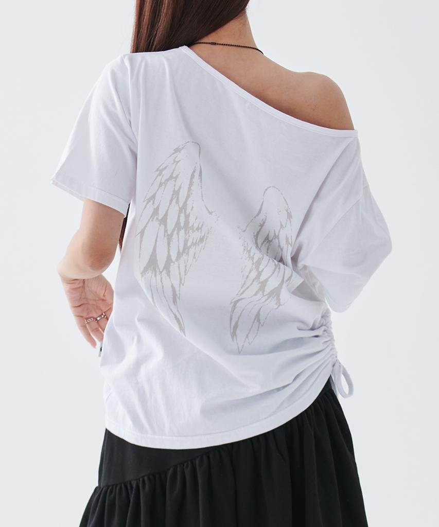ESCAPEFROM [Escf X Hot Today] Cross Angel Print Side Shirring Detail Loose Fit One-Shoulder Short Sleeve T-Shirt White