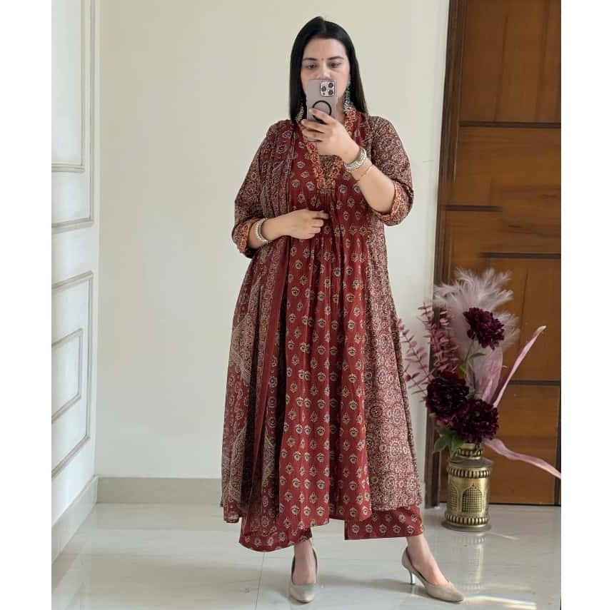 Anarkali Bavlna Tištěný Salwar Kameez Indický Bollywood Párty Oblečení Top Tunika Kurti Set