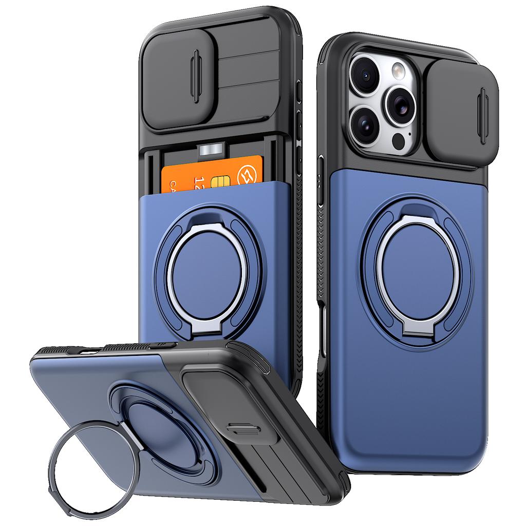 Case For iPhone 17 16 12 13 14 15 Pro Max Plus 16e 17e Cover Slide Lens Protective With Card Magnetic Ring Holder Armor Fundas