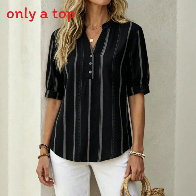 Summer Womens Short Sleeve Linen Striped Print Shirt With V Neck For Casual Wear