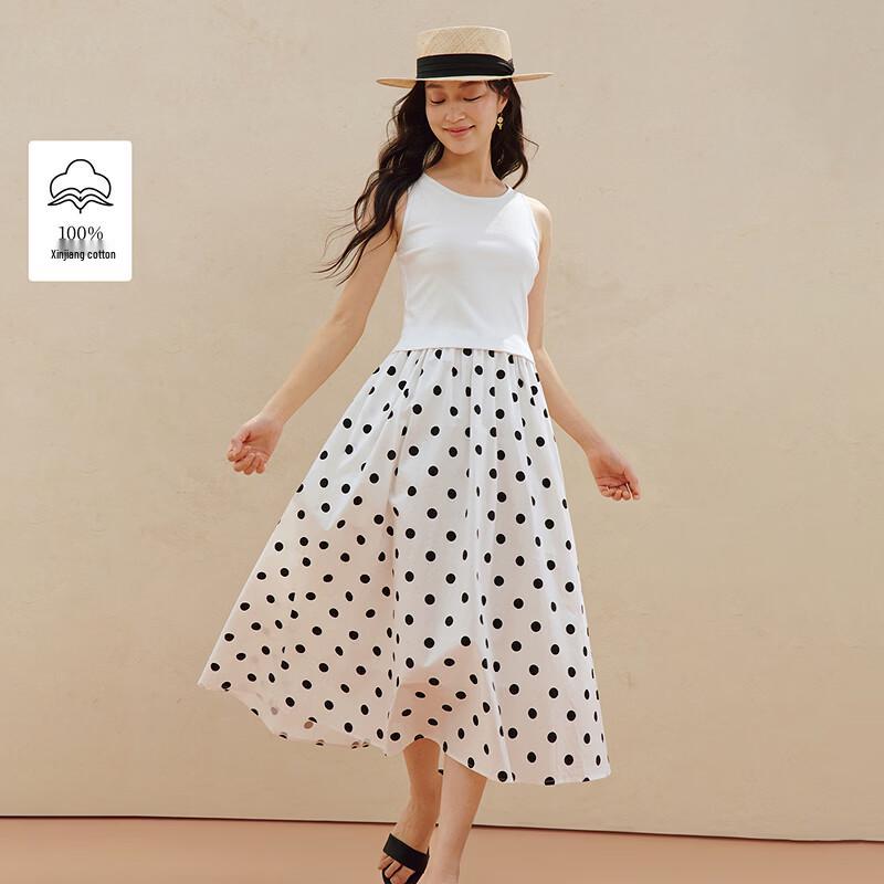 INMAN 100% Xinjiang Cotton Spliced Polka Dot Sleeveless Dress S