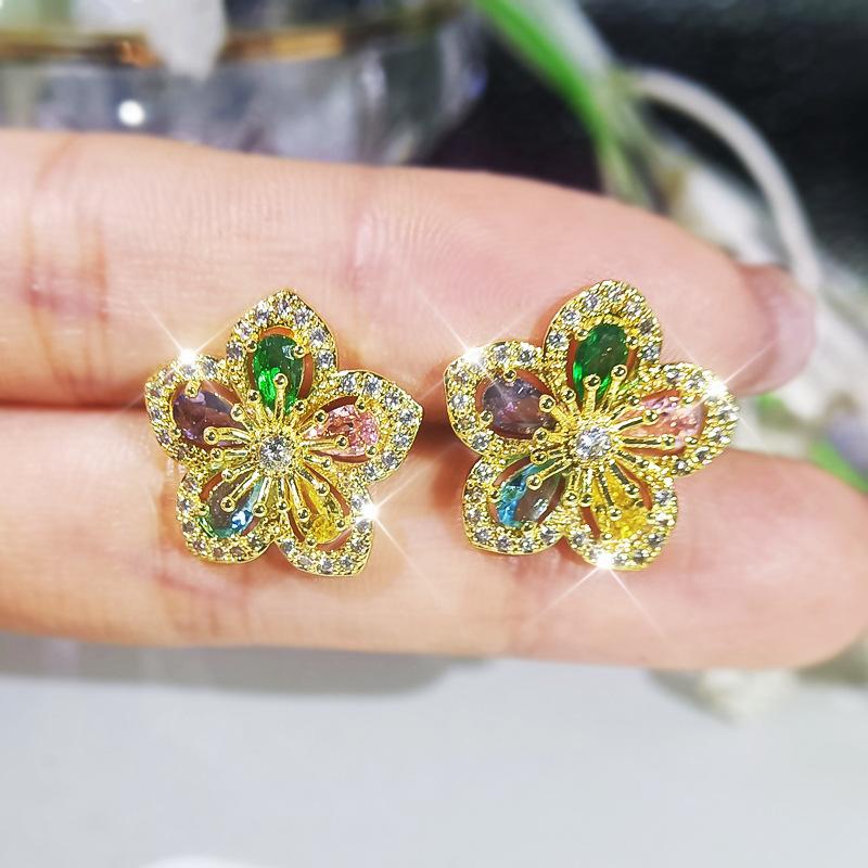 Natural Topaz Flower Stud Earrings  Color Needles Exquisite Craftsmanship Diamond Bizuteria Tone  Jewelry Aros Mujer Oreja