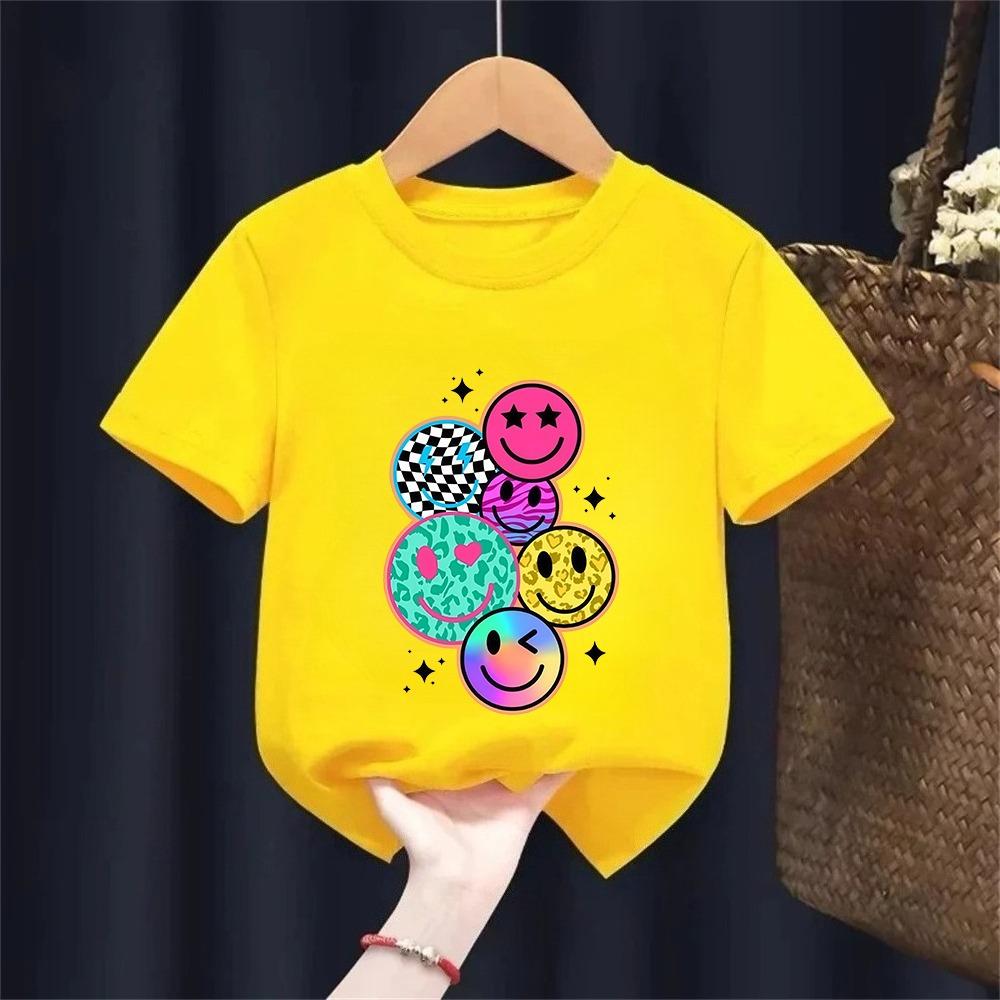 Kids Cartoon Smiley Face Print Short-sleeved T-shirt Casual and Versatile Style Suitable for Children's Outings and Daily Wear