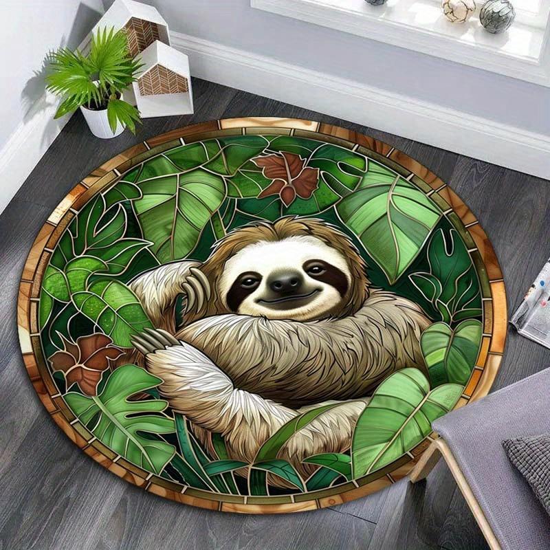Sloth Animal Round Rug Flannel Printed Carpet Nature Theme Home Decor Cozy Soft Floor Mat Living Room Indoor Use