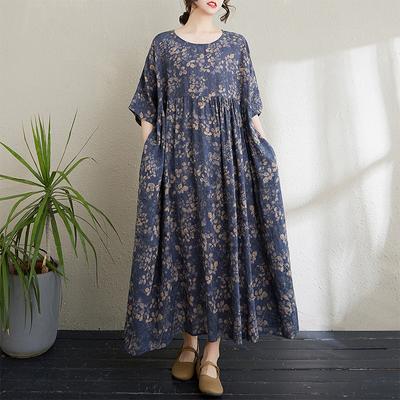 DIMANAF 2024 Übergröße Kleid Neu Sommer Basic Locker Damen O-Ausschnitt Vintage Kurzarm Große Größe Strand Langes Kleid