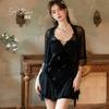 Women's French Velvet Lace Butterfly Print Push Up Removable Pads Sheer Backless Sleep Dress with Robe