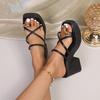 French High Heel Sandals Women's Summer Outdoor Wear Toe Post Slippers New Fashion Thick Heel Sandals Black Slip-On Shoes