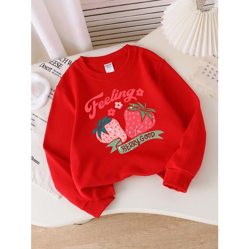 Girls' Crew Neck Sweatshirt Feeling Berry Good Strawberry Design (1), Soft Cozy Pullover, Warm Casual Outfit for Autumn And Winter