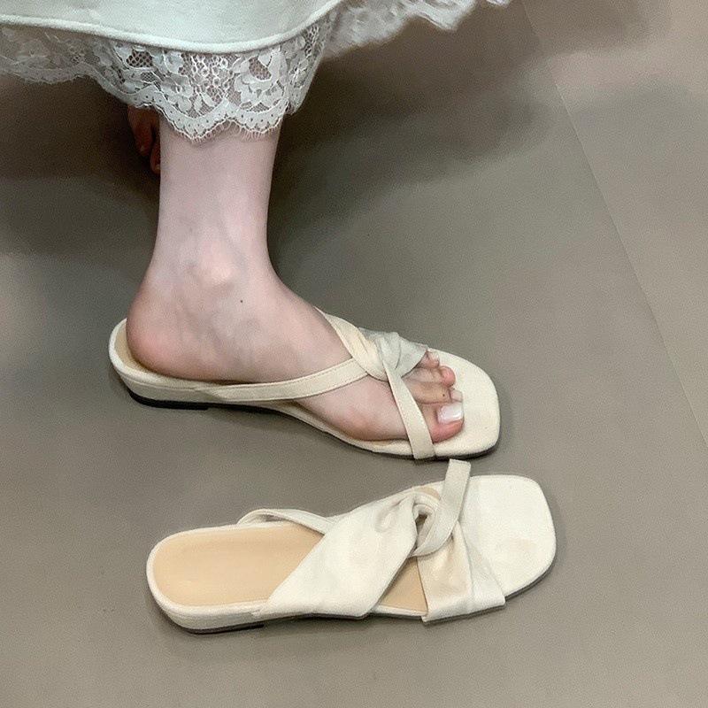 Retro Versatile One-word Drag with Skirt Gentle Wind Emerald Flower Kinked Cool Slippers