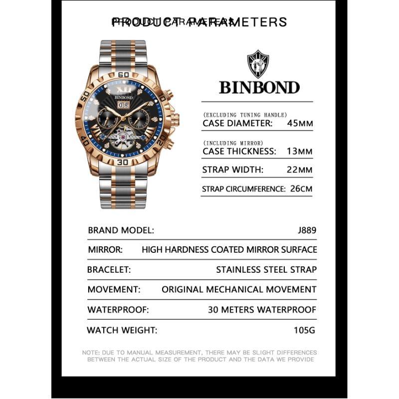 BINBOND Fashion Tourbillon Automatic Watch Men Luxury Skeleton Mechanical Wristwatch Stainless Steel Wristwatches