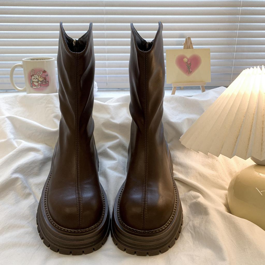 Women Boots New Thick Sole Stacked Fashion Brown Black 2026 Short Boots Wrinkled Leather Platform Casual Botines Chelsea Shoes